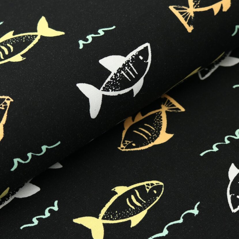 Cotton Jersey Print - Shark Attack Black